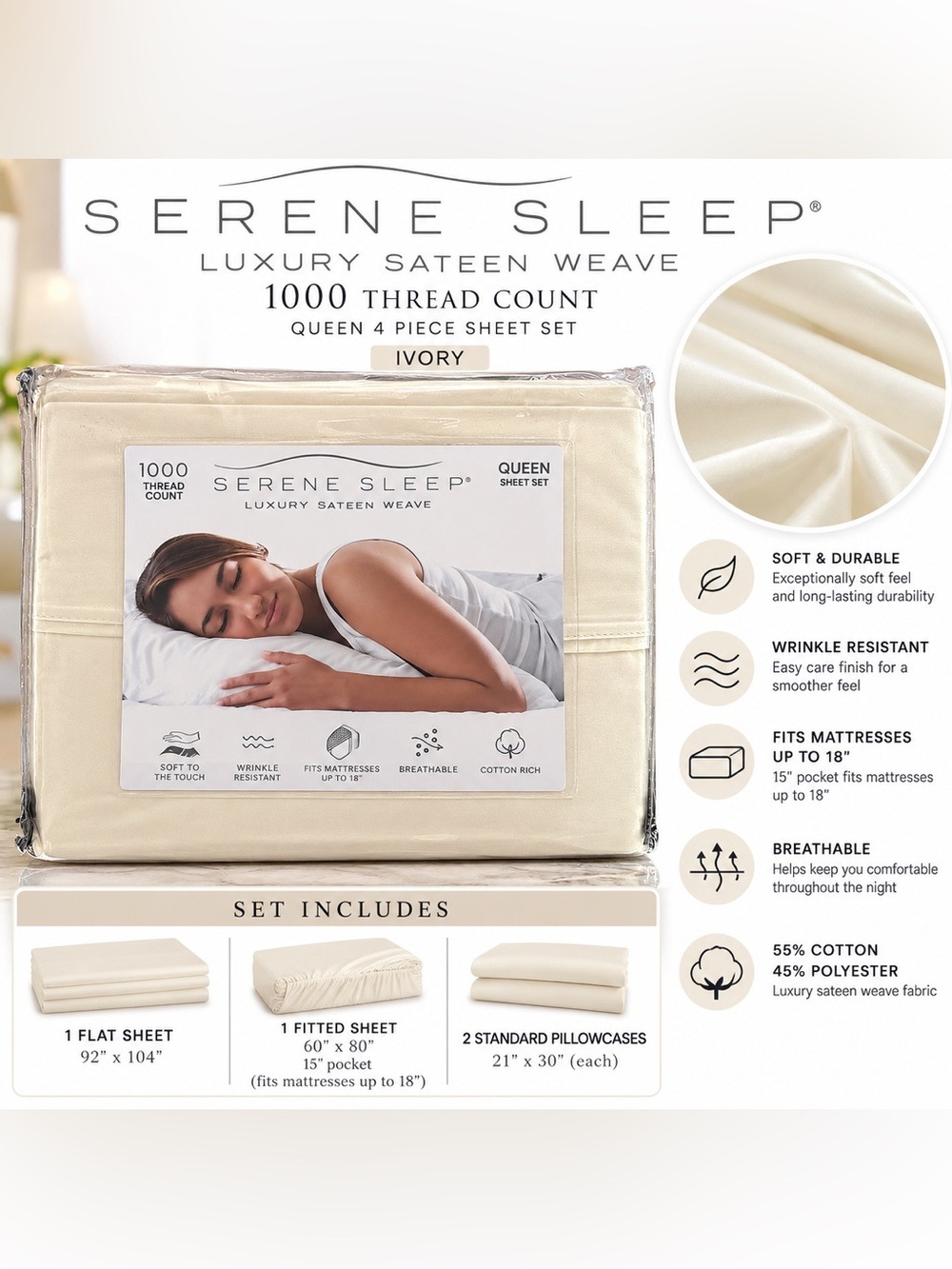 Serene Sleep 1000 Thread Count Queen 4PC Sateen Sheet Set Ivory NEW